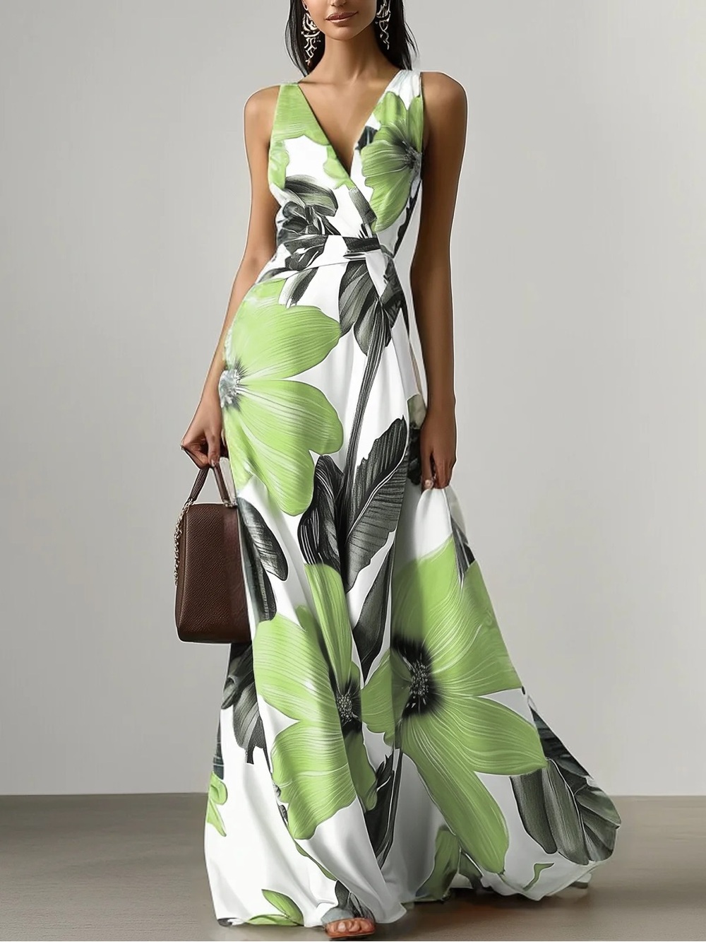 Fehaute floral print V-neck sleeveless maxi dress in lime green and black 4
